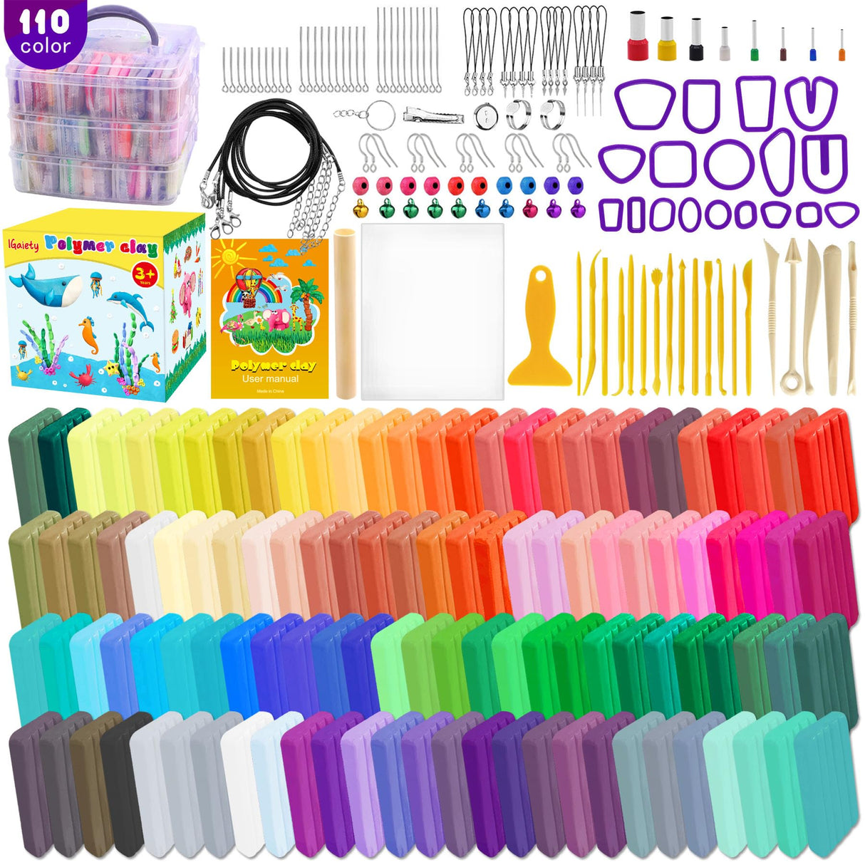 IGaiety Polymer Clay 110 Colors Oven Bake Clay Kit DIY Baking Clay Modeling Craft with Sculpting Tools and Accessories 245 Pcs Non-Toxic Ideal Gift for Beginner Adults Kids Jewelry Making IGaiety