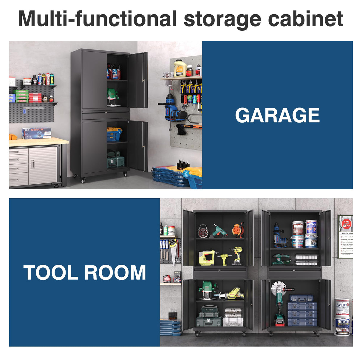 AFAIF Black Metal Storage Cabinet with Wheels, 73" Tall Garage Rolling Storage Cabinet with Doors and Shelves, Lockable Tool Cabinet Steel Locking Cabinets for Home Office, Garage, Pantry AFAIF