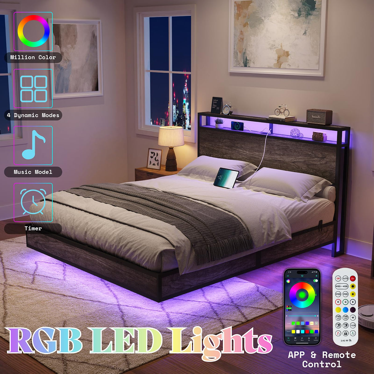 Full Size Floating Bed Frame with LED Headboard, Storage & Charging Station in Rustic Grey AMERLIFE