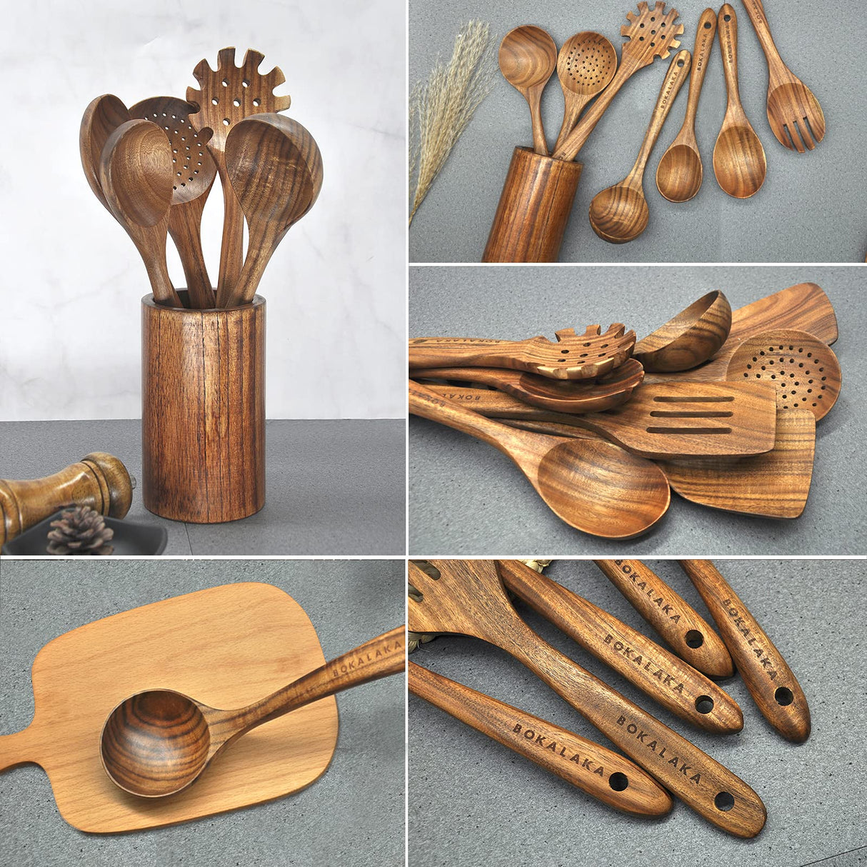 Wooden Spoons for Cooking,10 Pcs Natural Teak Wooden Kitchen Utensils Set Wooden Utensils for Cooking Wooden Cooking Utensils Wooden Spatulas for Cooking BOKALAKA