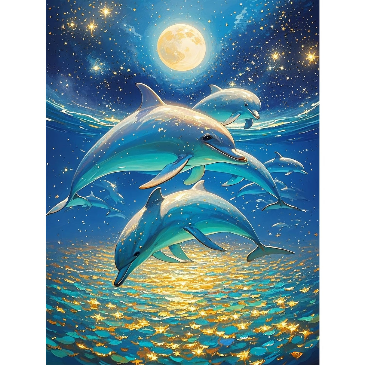 Dolphin 5D Diamond Painting Kit for Adults,Moonlit Ocean Full Drill DIY Round Gem Art Diamond Art Kits Painting Crafts Ideal for Beginners and Home Wall Decor 12X16inch PUSHPIN PAINTING