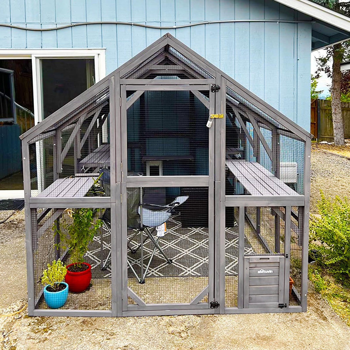 Endark Extra Large 110" Catio Outdoor Cat House Enclosure with Waterproof Cover, Multiple Platforms, Bridges, and Scratching Ramps for Safe and Fun Outdoor Exploration White Grey Endark