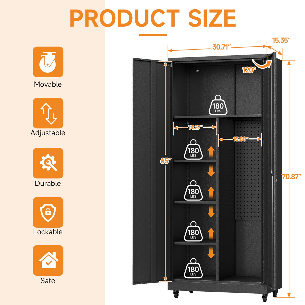 Firstsky Metal Garage Storage Cabinet with 2 Doors, Adjustable Rolling Tool Storage Cabinet with Lock, 71" Steel Locking Tool Cabinet with Wheels and Shelves for Garage, Warehouse(Black, 71" H) Firstsky