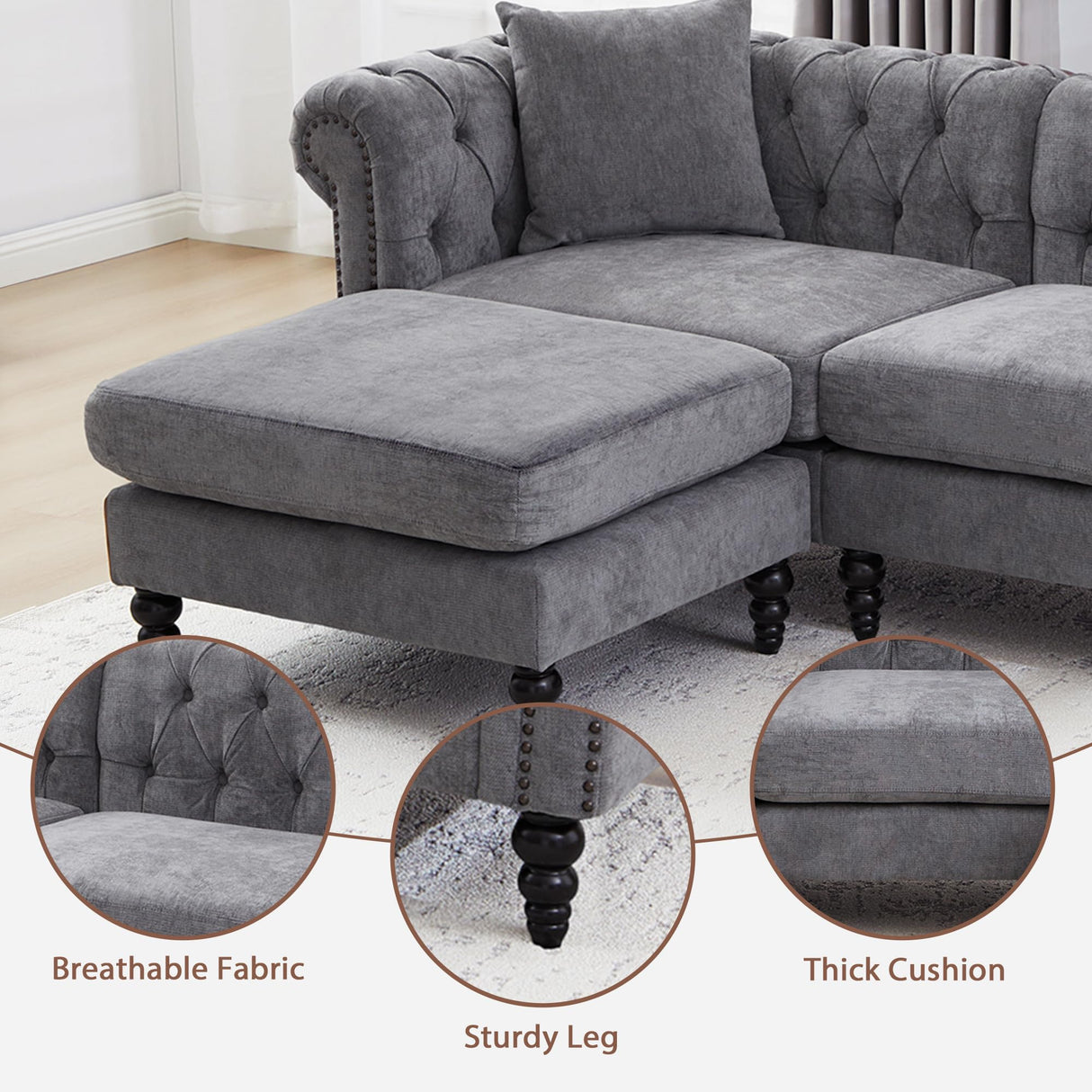 AVZEAR Chesterfield L Shaped Sofa Modular, Sectional Linen Fabric Couch with Ottoman and Pillow, Modern Bed Deep Seat Sofa Living Room Furniture Sets for Living Room, Bedroom and Apartment, Grey AVZEAR