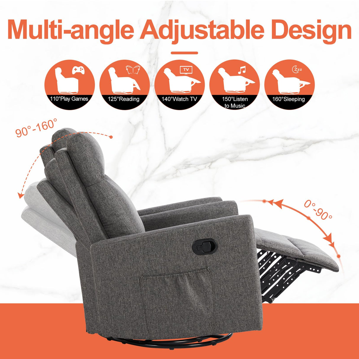 Sweetcrispy Recliner Chair, 360 Swivel Rocker Chair for Adults, Glider Rocker Recliners, Nursery Chairs for Living Room, High Back, Upholstered Deep Seat, Grey Sweetcrispy