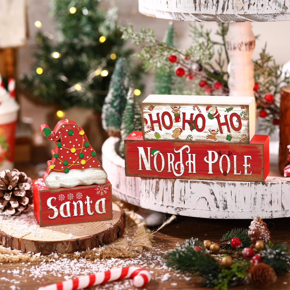 Moucuny 4 Pcs Christmas Table Decorative Signage Santa Hat Ho Ho Ho Wooden Blocks Christmas Tabletop Decor Wooden Block Sign Tiered Tray Decor Christmas Centerpieces Table Decor for Christmas Home Moucuny
