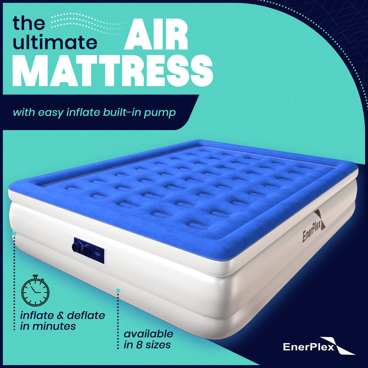 EnerPlex Queen Air Mattress with Built-in Pump - 16 Inch Double Height Inflatable Mattress for Camping, Home & Portable Travel - Durable Blow Up Bed with Dual Pump - Easy to Inflate/Quick Set Up EnerPlex