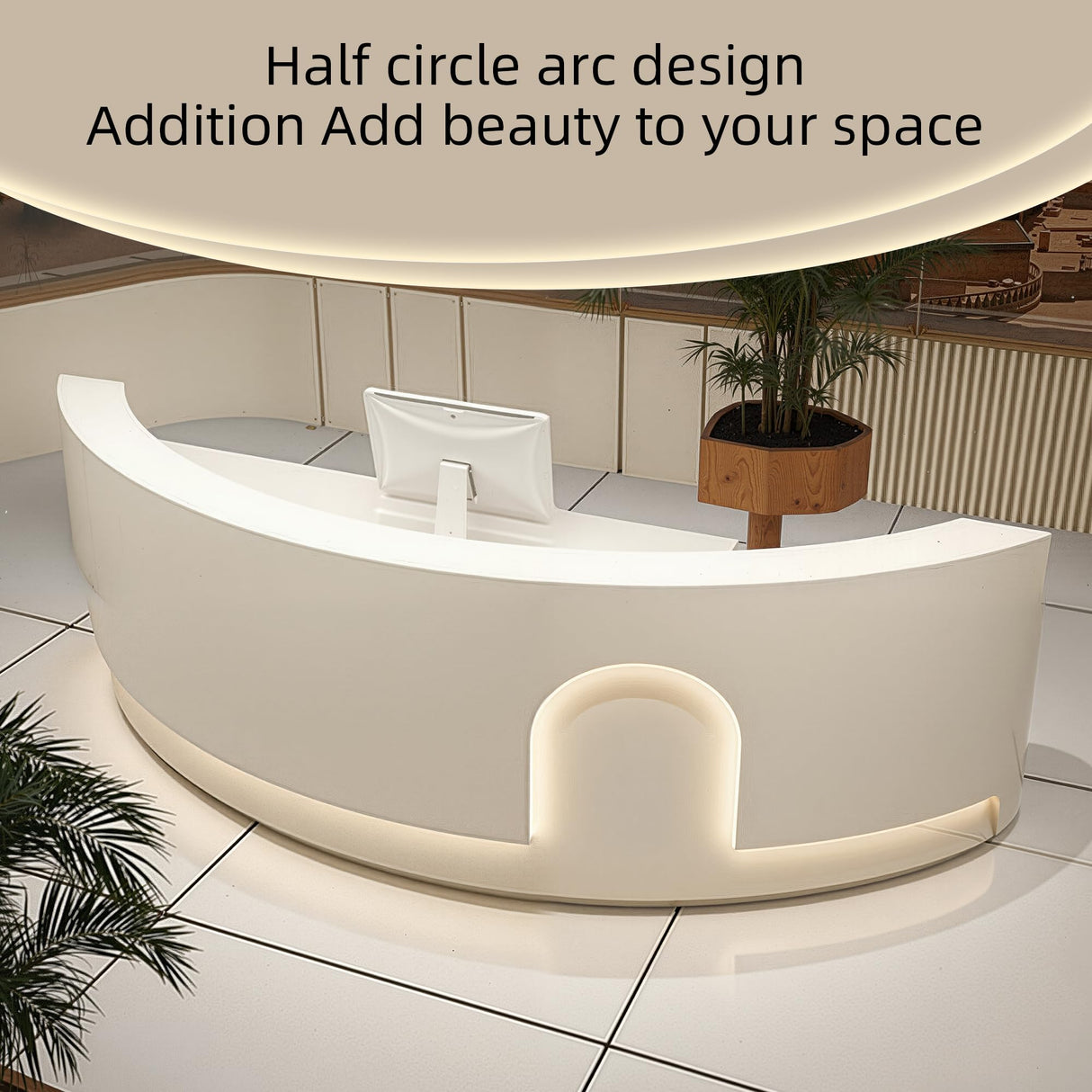 odrma Retail Counter, Arc Receptionist Desk for Beauty Salon Clothing Store Retail Counter, Office Boutique Lobby, Customized Logo No Assembly Required Ships in One Piece, with Hidden LED Lighting odrma