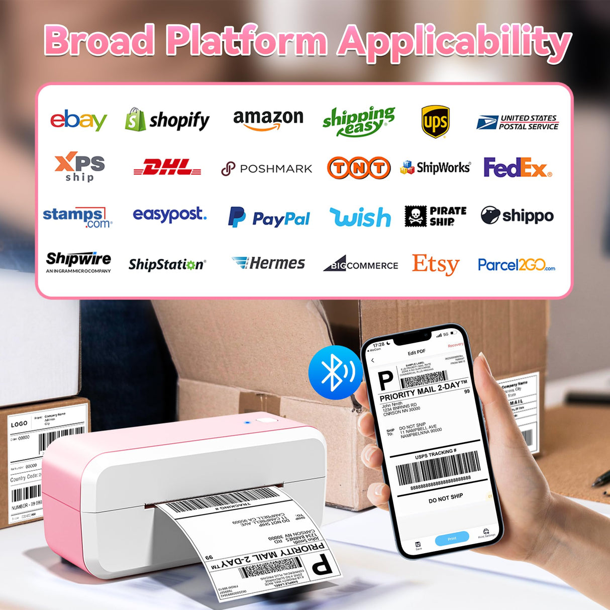 Bluetooth Shipping Label Printer, 4x6 Thermal Label Printer for Shipping Packages & Small Business, Compatible with IOS, Android, Windows and Mac, Widely Used for Ebay, Shopify, Amazon, Etsy (Pink) NelkoGlobal
