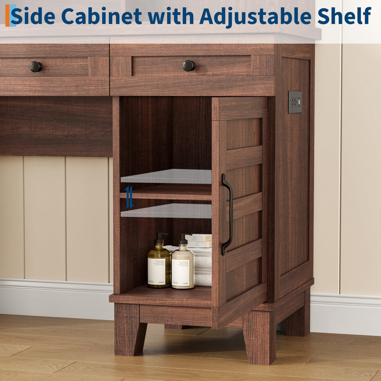 Vanity Desk with HD Mirror, LED Lights and Charging Station, Farmhouse Makeup Table with 2 Drawers and Cushioned Stool Dressing Table Shelves and Side Organizer for Bedroom Dressing Room, Brown GarveeHome