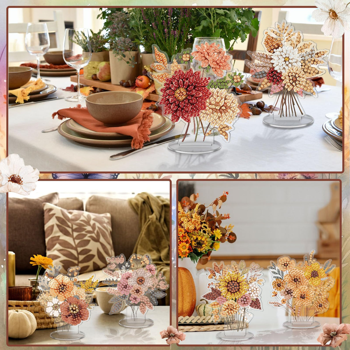 Kosiz 9 Pcs Thanksgiving Diamond Painting Tabletop Decorations Fall Wildflower Diamond Art Kits for Adults Double Sided Acrylic Flower Centerpiece for Tables DIY Crafts Party Decor Thanksgiving Gifts Kosiz