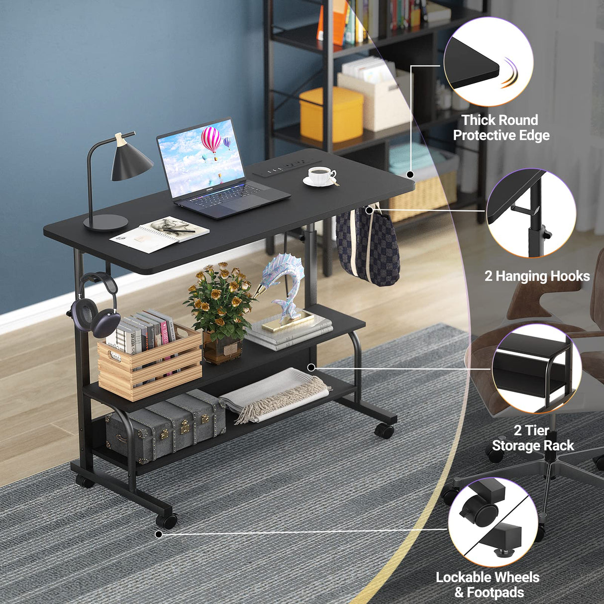 Height Adjustable Standing Desk with Power Outlets, 32" Manual Stand Up Desk with Storage Shelves Small Mobile Rolling Computer Desk Portable Laptop Table with Wheels for Home Office, Black armocity