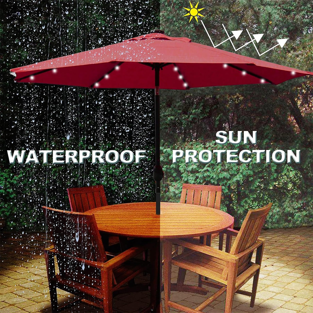 Blissun 9 ft Solar Umbrella, 32 LED Lighted Patio Umbrella, Table Market Umbrella, Outdoor Umbrella for Garden, Deck, Backyard, Pool and Beach (Red) Blissun