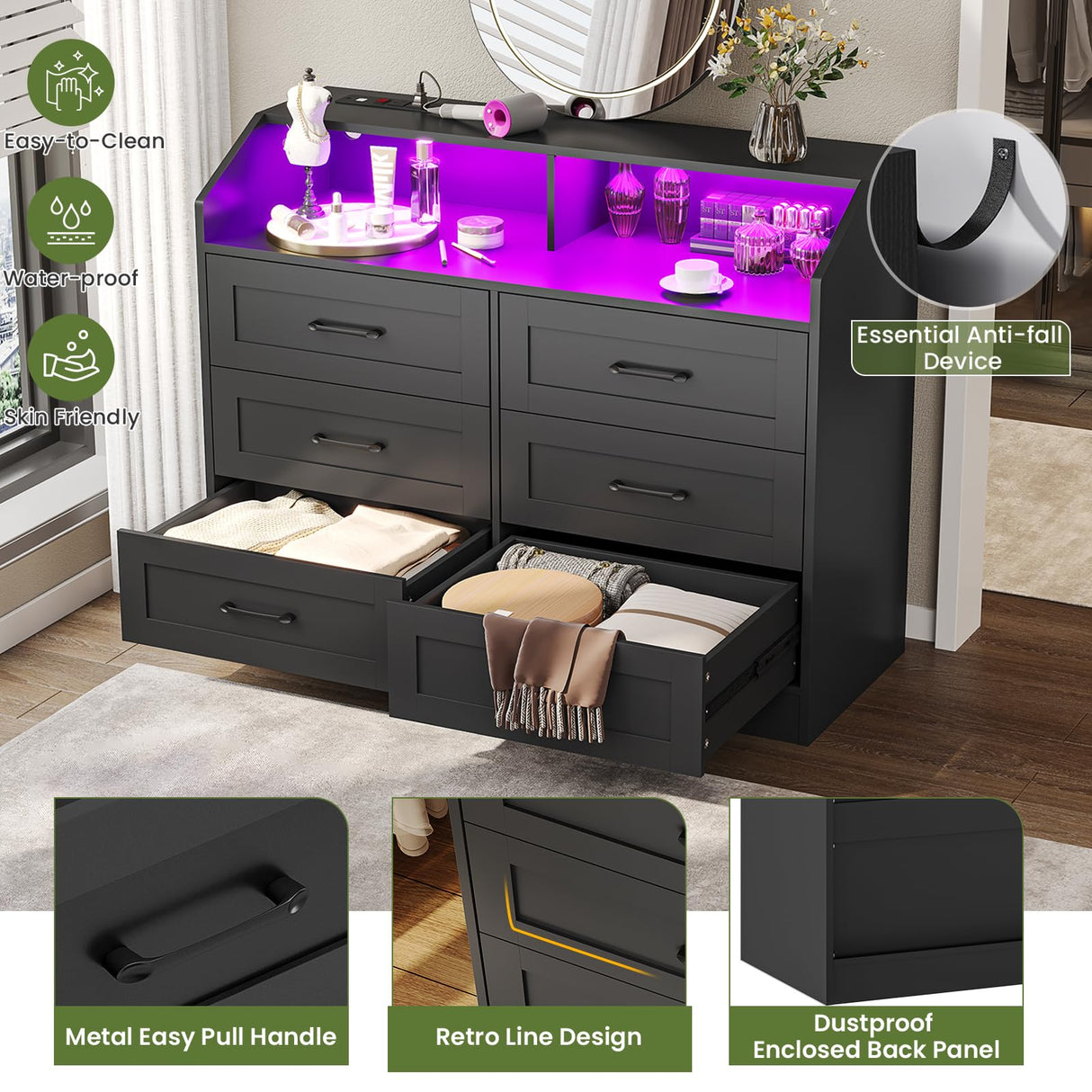 Hasuit Black Dresser with LED Lights and Charging Station, Chest of 6 Drawers with Open Space, Modern Wood Storage Tower Clothes Organizer, Storage Cabinet with Deep Drawers, Black Dresser for Bedroom Hasuit