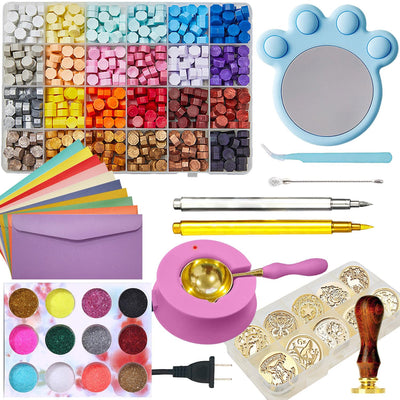 kimystam Electric Wax Seal Heater and Stamp Kit, 10 pcs Seal Heads, 24 Colors and 600 Pcs Beads, 10 envelopes, 12 Color Glitter, Smokeless Warmer, 2 pcs Metallic Pen (SimpleBox)