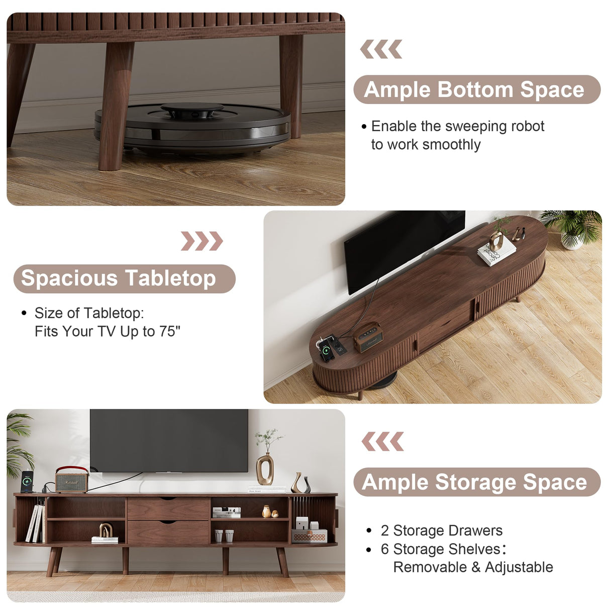 69" Mid Century Modern TV Stand with Charging Station, Farmhouse Curved Round Edge TV and Media Console Table with Drawer and Shelf, Fluted Entertainment Center for Living Room, Bedroom, Walnut Alohappy