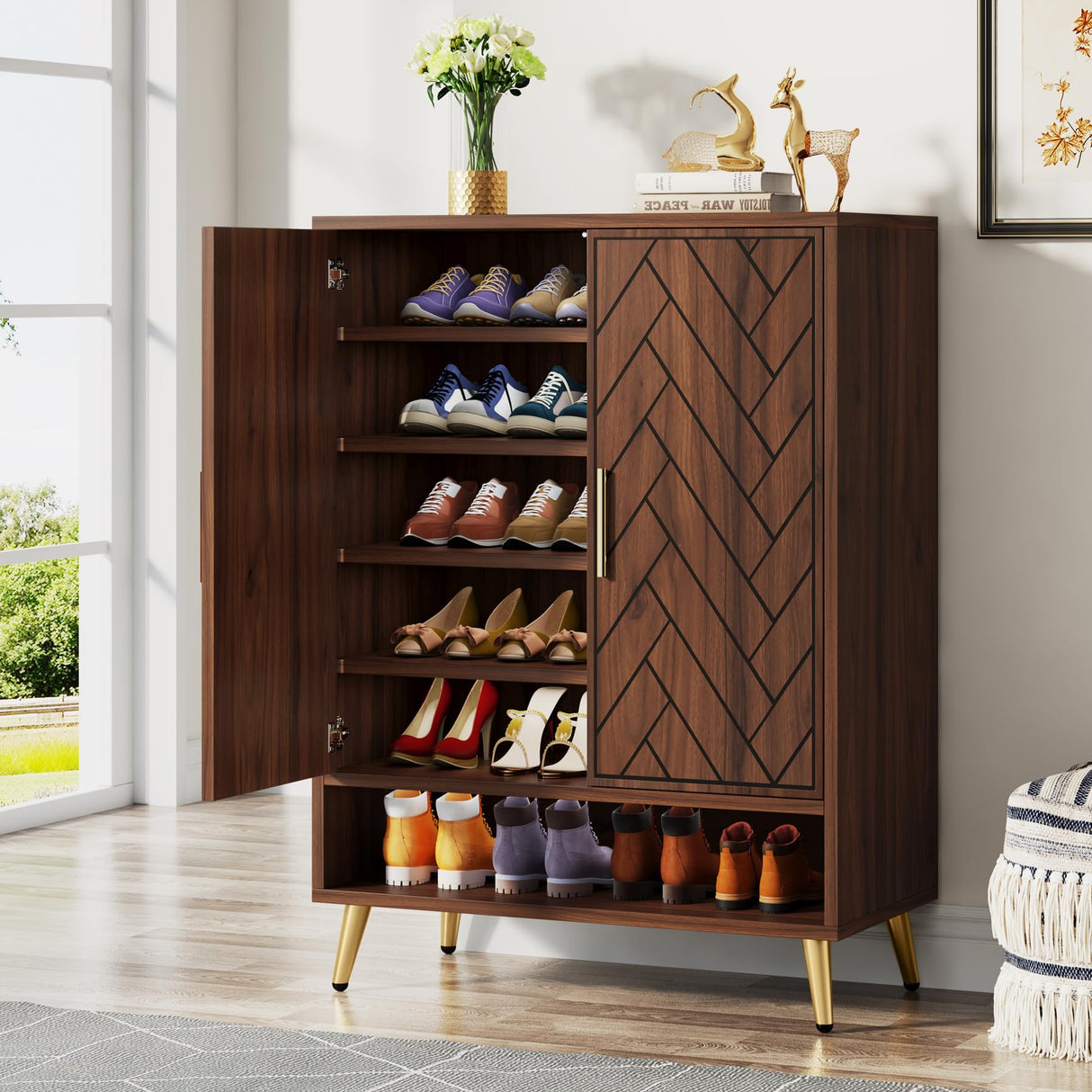 Tribesigns 6-Tier Shoe Cabinet with Doors, Wooden Shoe Storage Cabinet with Adjustable Shelves for Entryway, Hallway, Bedroom (Walnut) Tribesigns