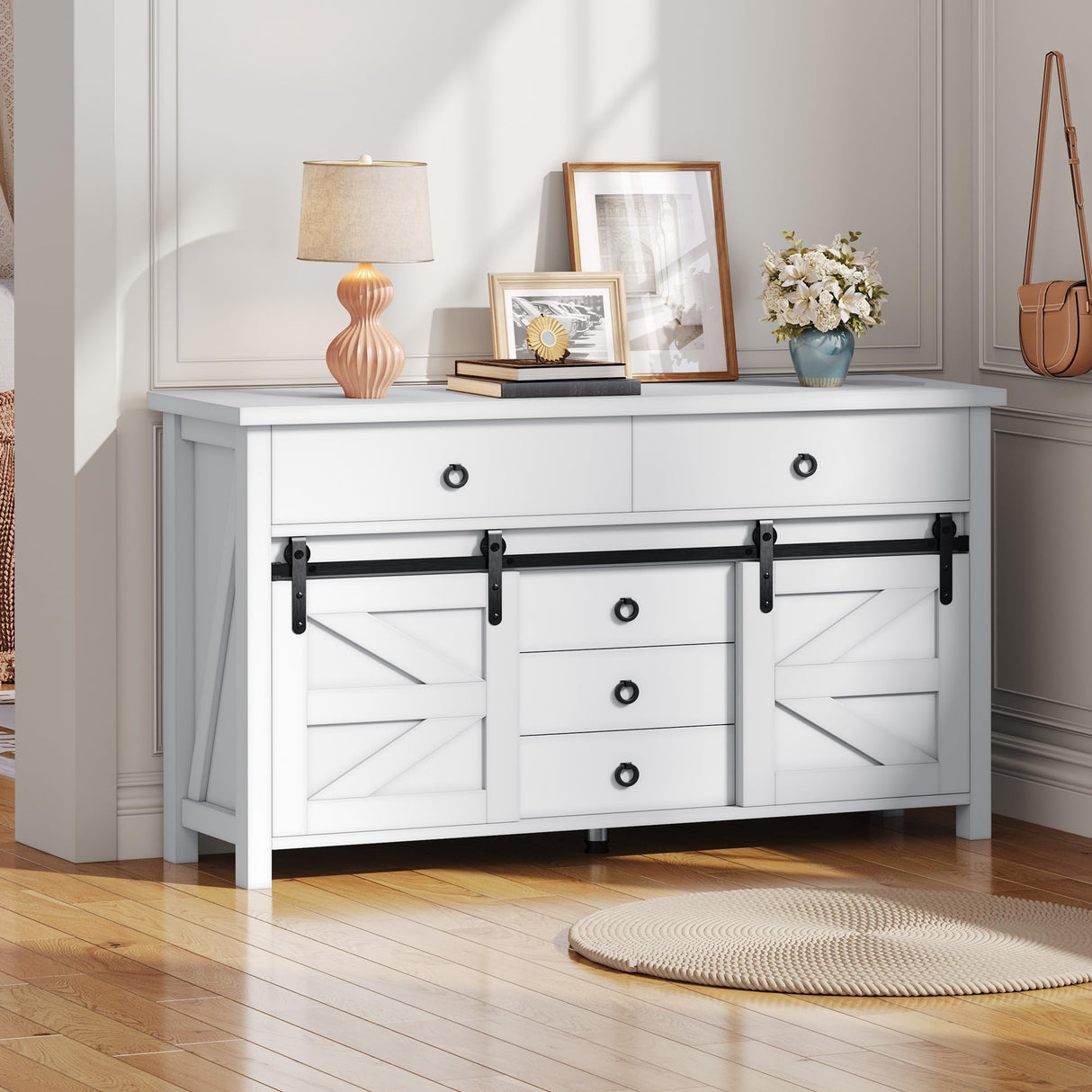 YITAHOME 54" Farmhouse Dresser for Bedroom, Large Modern Chest of Drawers, Wood Rustic Dresser TV Stand with 5 Drawers & 2 Sliding Barn Doors for Living Dining Room, Entryway, Hallway YITAHOME