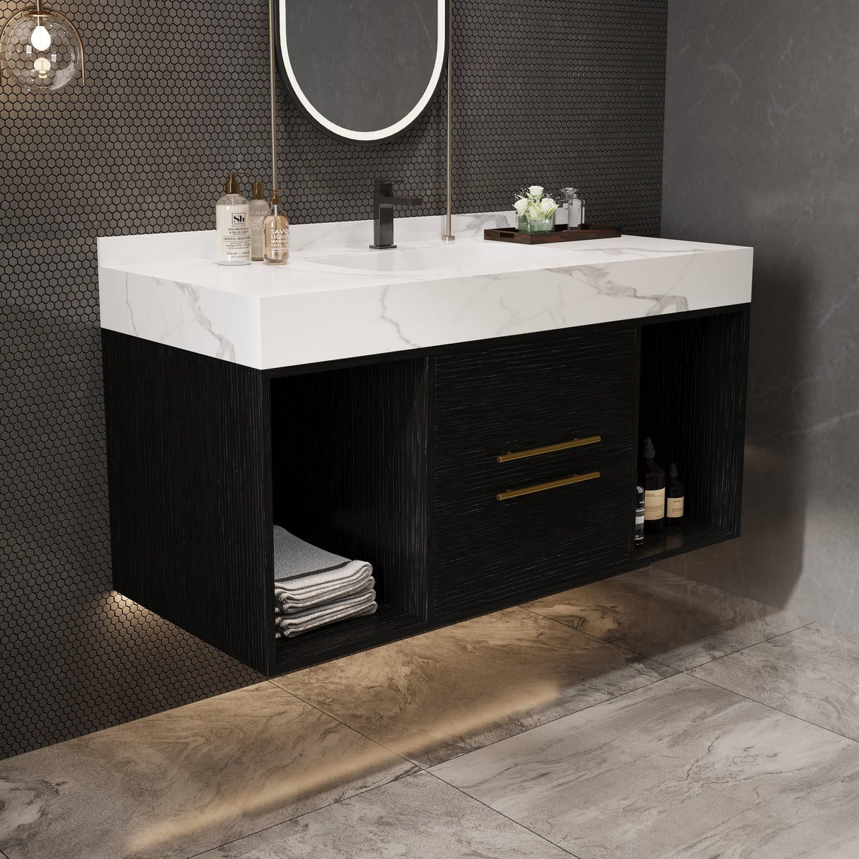 GAFFERIT 39.4" Bathroom Vanities with Ceramic Sink,Floating Bathroom Vanity,Wall Mounted Storage Cabinet with 2 Drawers and 2 Storage Spaces,Modern Bathroom Sink Cabinet with Metal Handles (Black) GAFFERIT
