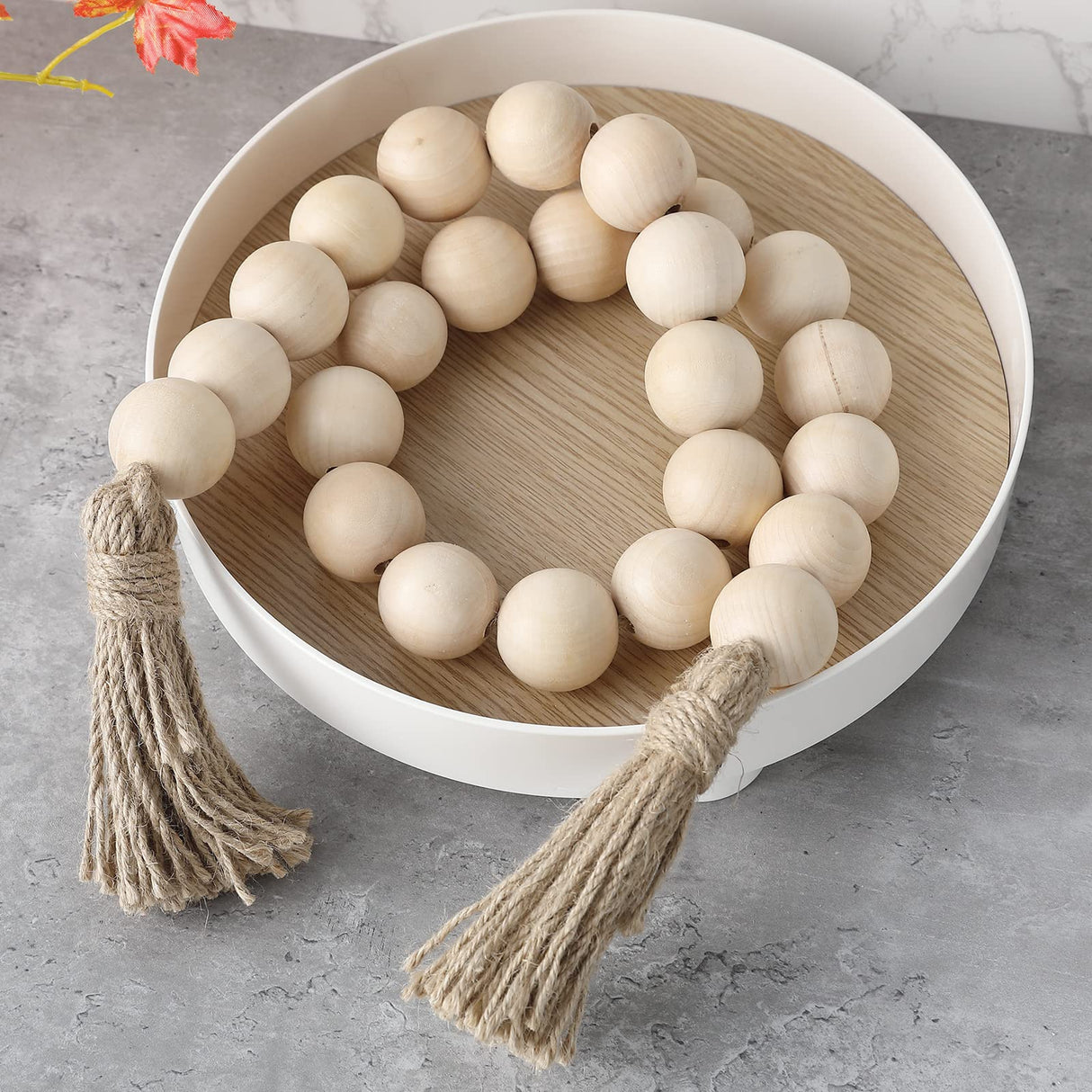 Farmhouse Decor Large Wood Bead Garland 50inch long with 1.6" Diameter beads, Natural Wooden Beads Decor with Tassels Decorative Boho Country Decoration for Coffee Table Home Tiered Tray Wall Hanging Elifel