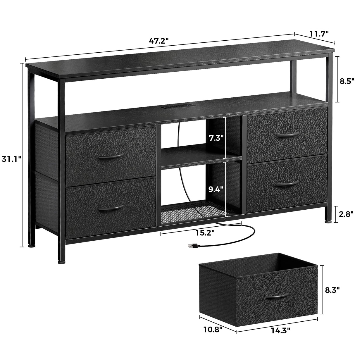 Huuger 47 Inch TV Stand Dresser with Power Outlets and LED Lights, 4 Drawers Entertainment Center with Open Shelf, Media Console for 55 50 Inch TV, Dresser with PU Finish, Black Huuger