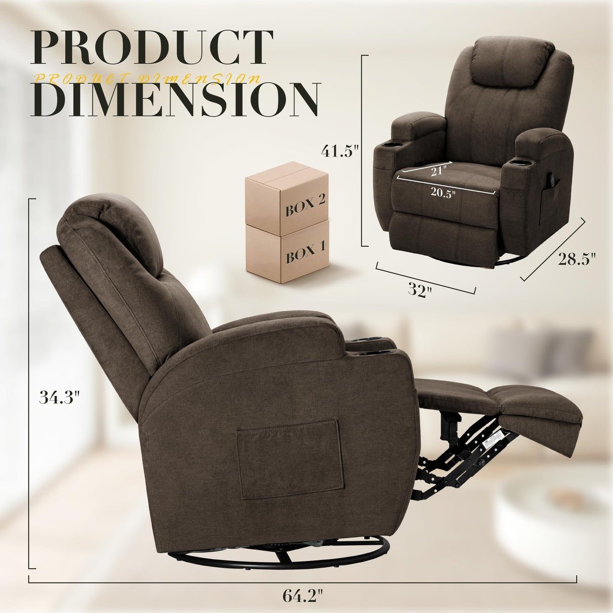 Recliner Chair, 360° Swivel Rocker Chair for Adults, Rocking Recliner Chair with Massage, Comfy Single Sofa with Side Pockets Cup Holders for Living Room, Bedroom, Nursery (Fabric, Brown) Furmax