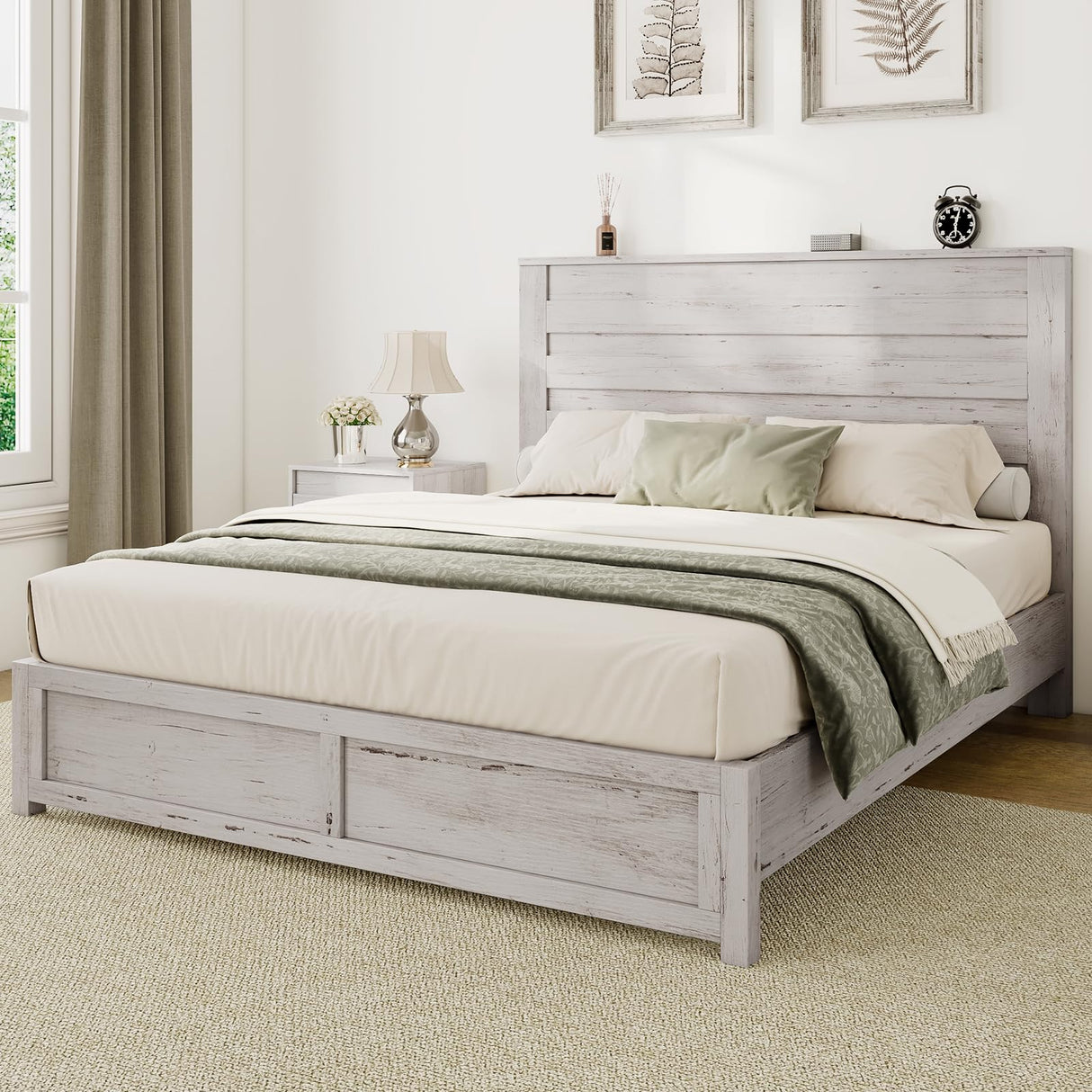 Albott Farmhouse Queen Size Bed Frame with 49" Slatted Headboard, Platform Bed with Wood Slat Support/No Box Spring Needed/Easy Assembly, Distressed White Albott