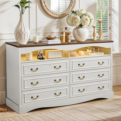 JanflyHome Vintage 6 Dresser for Bedroom, Farmhouse 6 Drawers Dresser with Open Shelves and LED Lights, 55" Wide Wood Rustic Chest of Drawers for Living Room, Hallway, Antique White