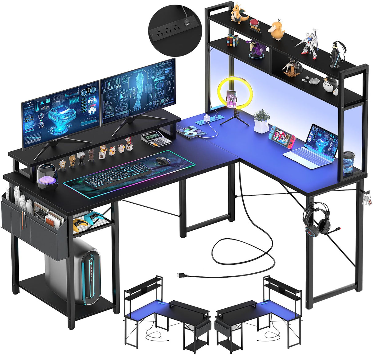 Aheaplus Small L Shaped Gaming Desk with LED Lights & Power Outlets, Reversible L-Shaped Computer Desk with Monitor Stand & Storage Shelf, Corner Desks Home Office Desk with Storage Bag, Black Aheaplus
