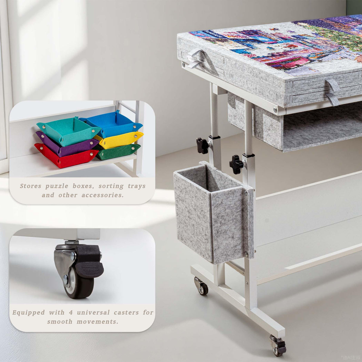 Tektalk 2000 Piece Foldable Felt Jigsaw Puzzle Table with Height Adjustment, Puzzle Board for Adults with 2 Cover & 8 Sorting Trays/Drawers, Easel with Legs, Enclosed with 4 Roller Wheels - Light Gray Tektalk