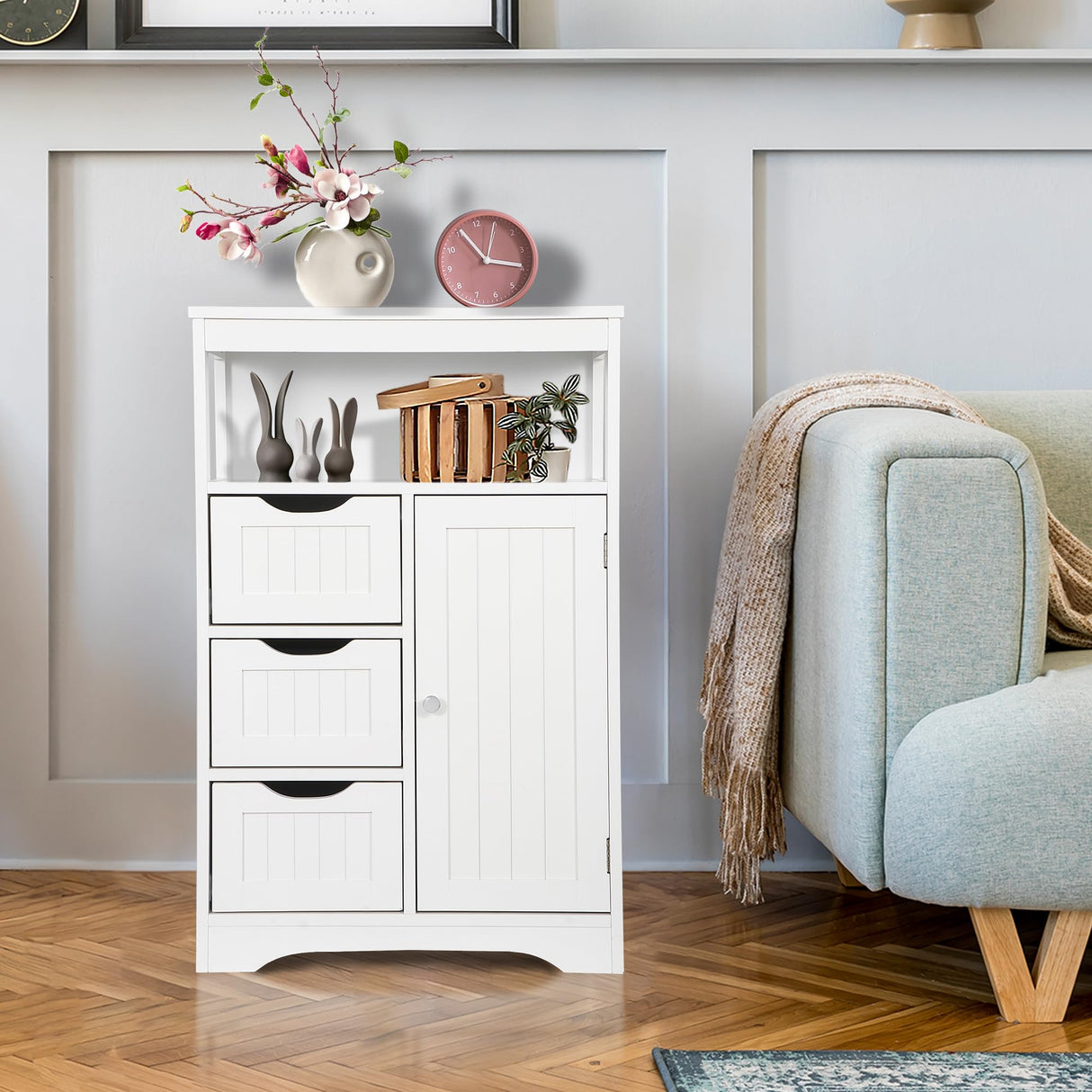 ZENY Modern White Wooden Bathroom Floor Cabinet with Adjustable Shelves and 3 Drawers ZENY