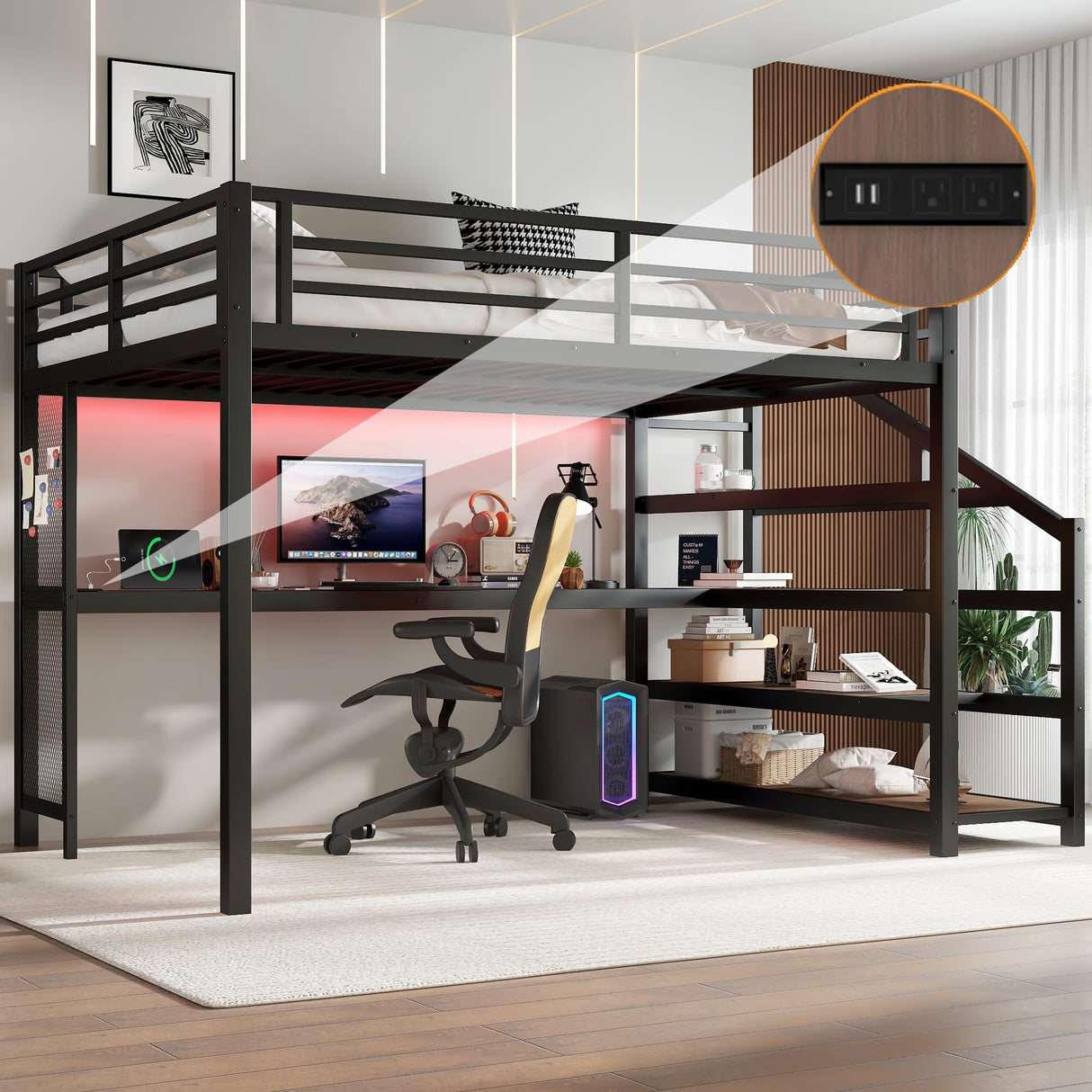 Metal Queen Size Loft Bed with Desk and Storage Stairs,Heavy Duty Loft Bed Frame Queen Size with LED Lights and Charging Station for Kids,Teens,Adults,Black Bellemave