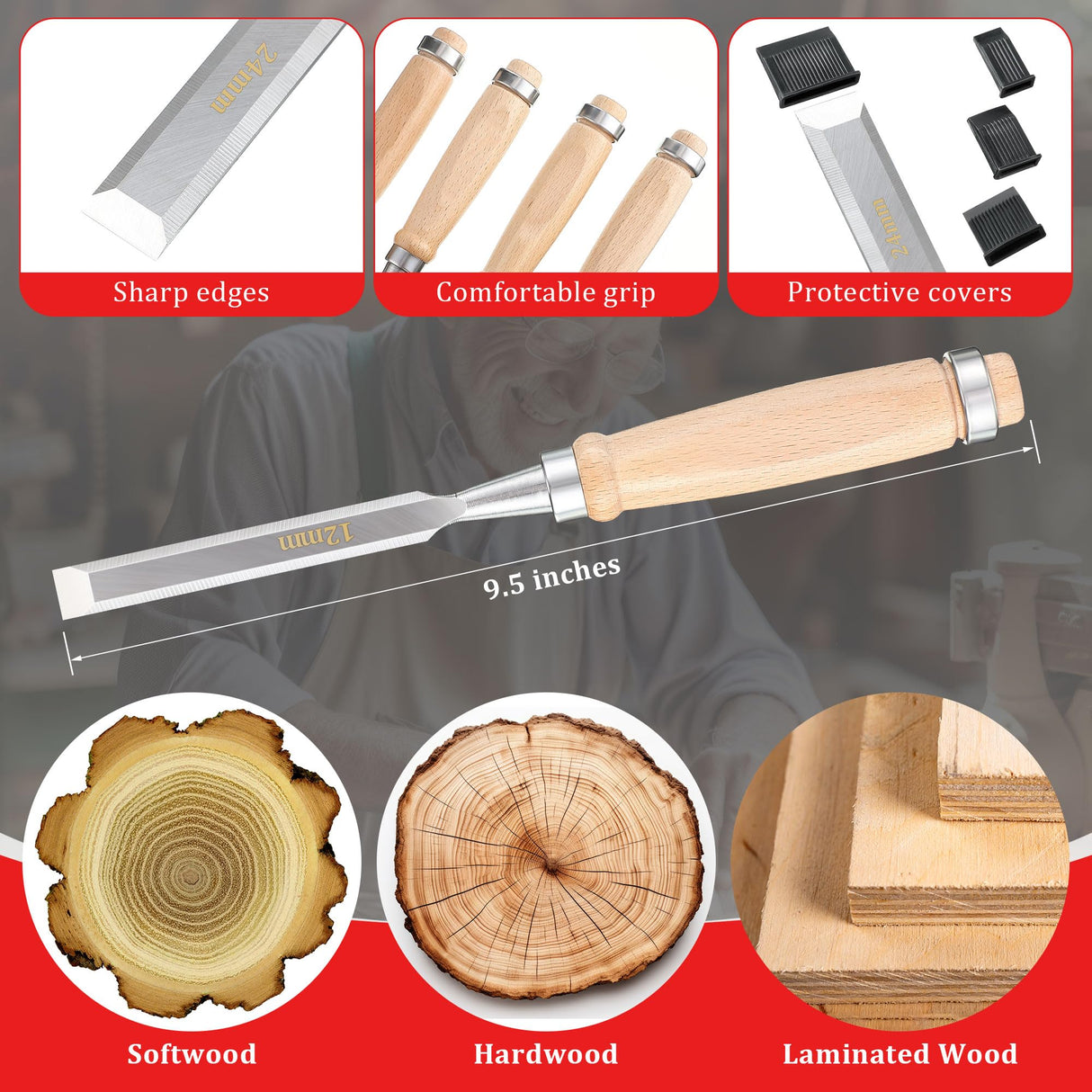 Dreyoo 1Pack No. 4 Adjustable Wooden Hand Plane with 2 Inch Blade & 4PCs 9.5in Wood Chisel for Woodworking with Cap, CR V Steel Beveled Edge Blade Chisel, Professional Carpenter Tools for Woodworking Dreyoo