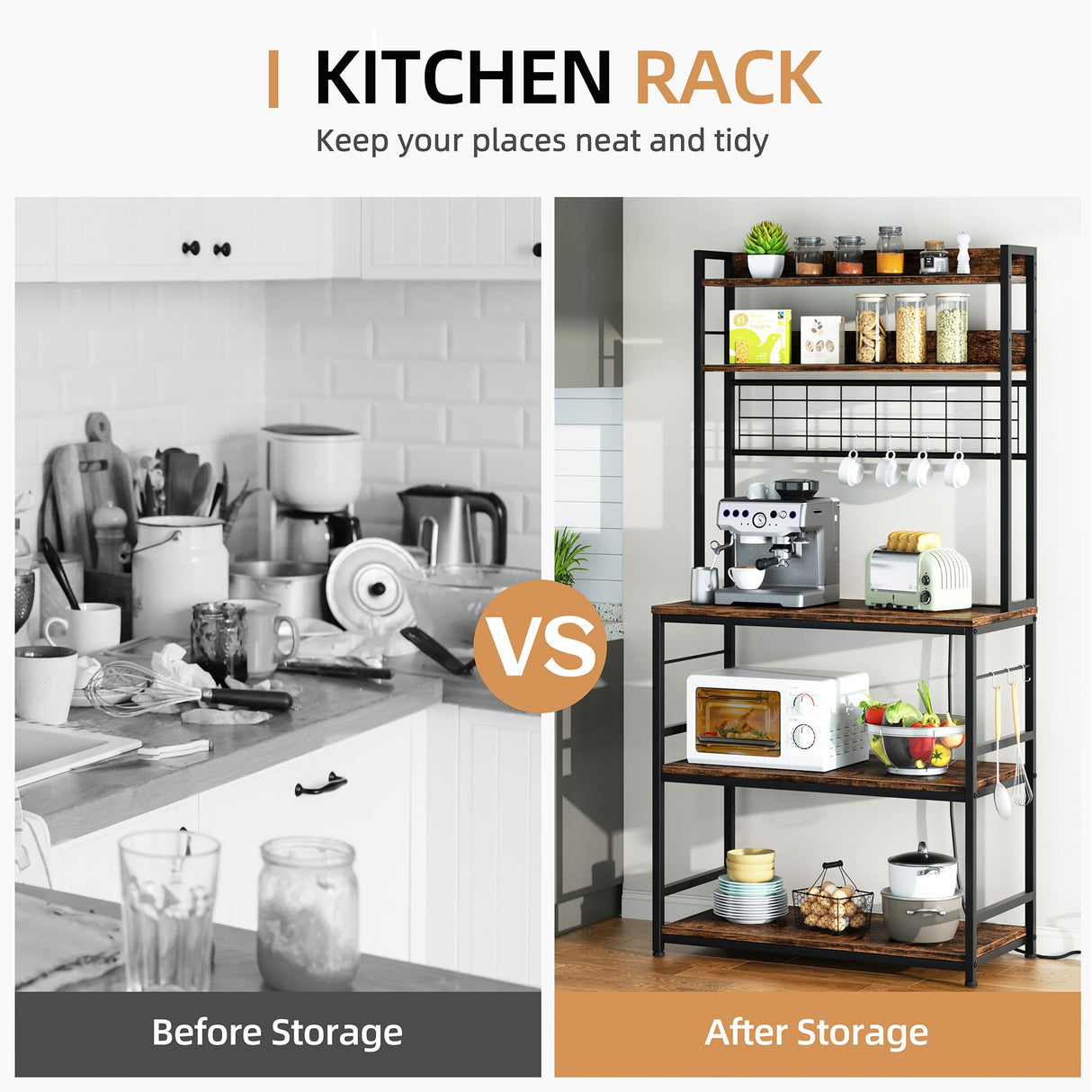 Shintenchi Bakers Rack with Power Outlet, Large Storage Space, 10 Hooks Coffee Bar with Metal Wire Panel, High Microwave Stand, Classic Kitchen Storage Shelf Design, Vintage Brown Shintenchi