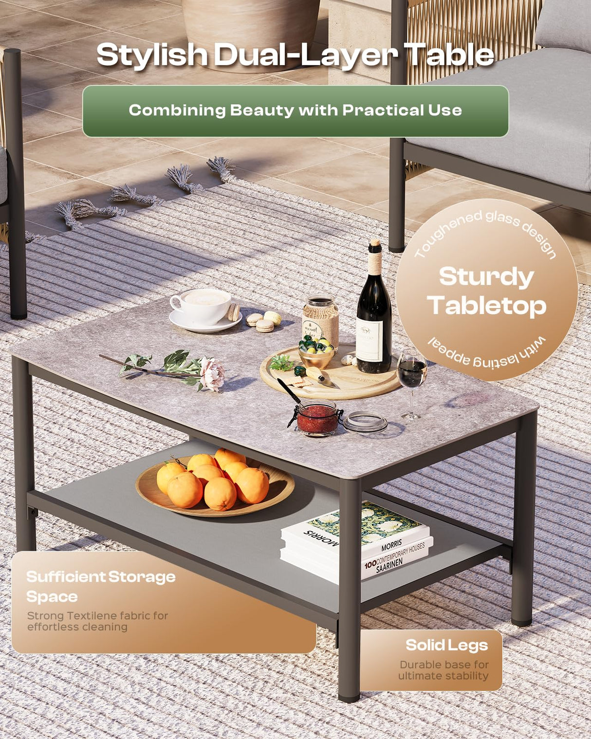 Oasbira Aluminum Outdoor Patio Furniture Set, HDPE Rope 4 Piece Modern Sectional Conversation Sets with Dual-Layer Coffee Table, All Weather Patio Couch Set with Thick Cushions, Gray Frame, Gray Oasbira