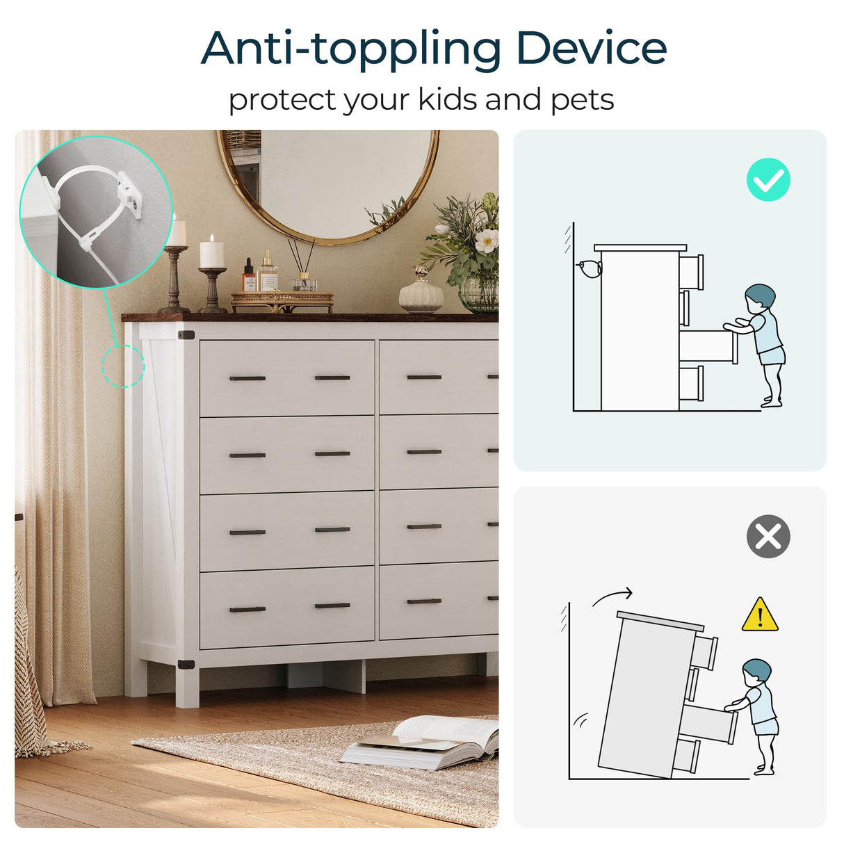 LINSY HOME Farmhouse 8 Drawer Double Dresser for Bedroom, 50” Wide Rustic Wood Chest with Deep Drawers, Modern Dressers with Storage and Metal Handles for Closet, Living Room, Hallway, Off White LINSY HOME