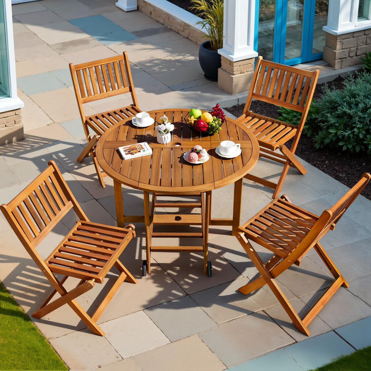 Greesum 5 Piece Patio Dining Set Outdoor Acacia Wood Furniture All-Weather Folding Round Table and Chairs for Backyard, Balcony, Porch, Deck, Garden, Light Brown Greesum