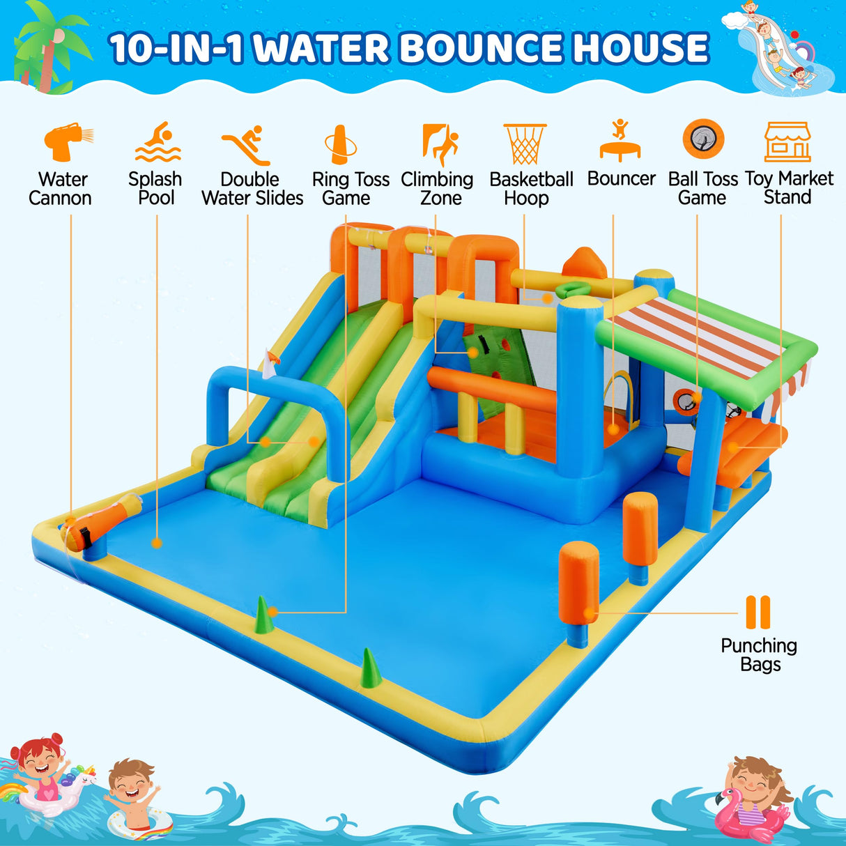 Yaheetech Inflatable Water Slide with Market Stand, Bounce House for Kids Aged 3-8 with 2 Slides for Outdoor Backyard, Splash Pool, Climbing Wall, 750W Air Blower, Ring and Ball Toss Games Yaheetech