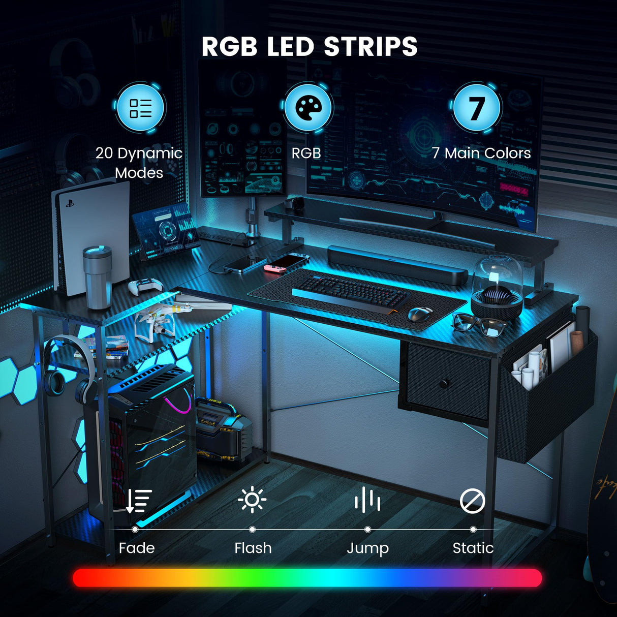 DOMICON L Shaped Gaming Desk, 63 Inch Computer Desk with Adjustable Stand & RGB Lights, Corner Desk for Power Outlet, Carbon Fiber Texture, Gaming Room DOMICON
