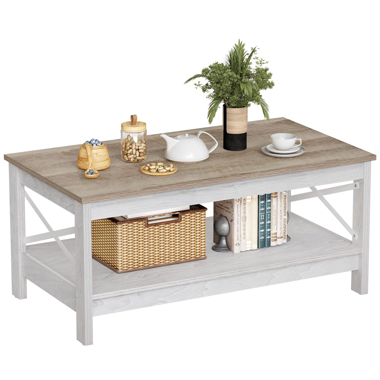 DWVO Coffee Tables for Living Room,Farmhouse Coffee Table, Storage Coffee Table, Small Coffee Table, Wood Coffee Table with Thicker Legs 2 Tier Coffee Table Center Table for Living Room, Grey Wash DWVO