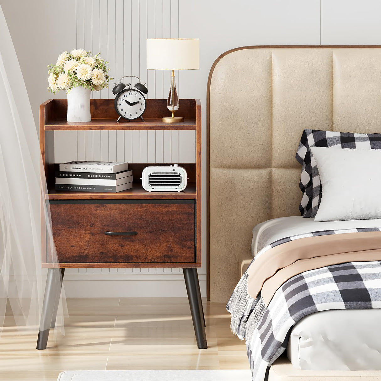 Huhote NightStand with Open Shelf,Night Stand with Drawer Storage Side Table End Table,Bedside Table with Solid Wood Feet,Mid Century Night Stands for Bedroom Sofa Couch Small Spaces(Brown) Huhote