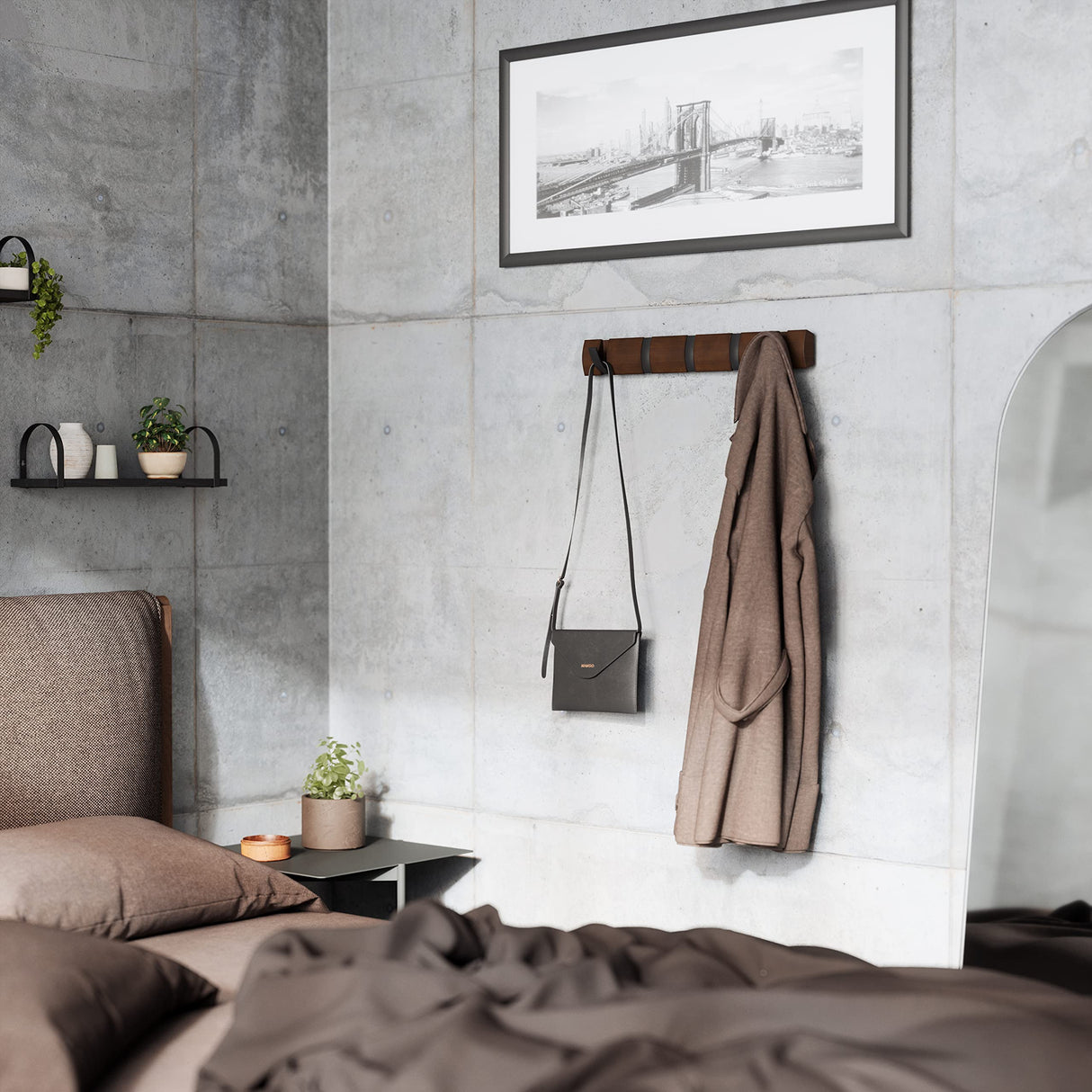 Umbra Flip Wall-Mounted Coat Rack Rail Hook for Hats, Jackets, Bags and More – Modern, Space-Saving Storage Organizer for Entryway, Mudroom, Closet, Bathroom, Bedroom, Kids Room, or Nursery, 5 Hooks, Walnut/Black Umbra