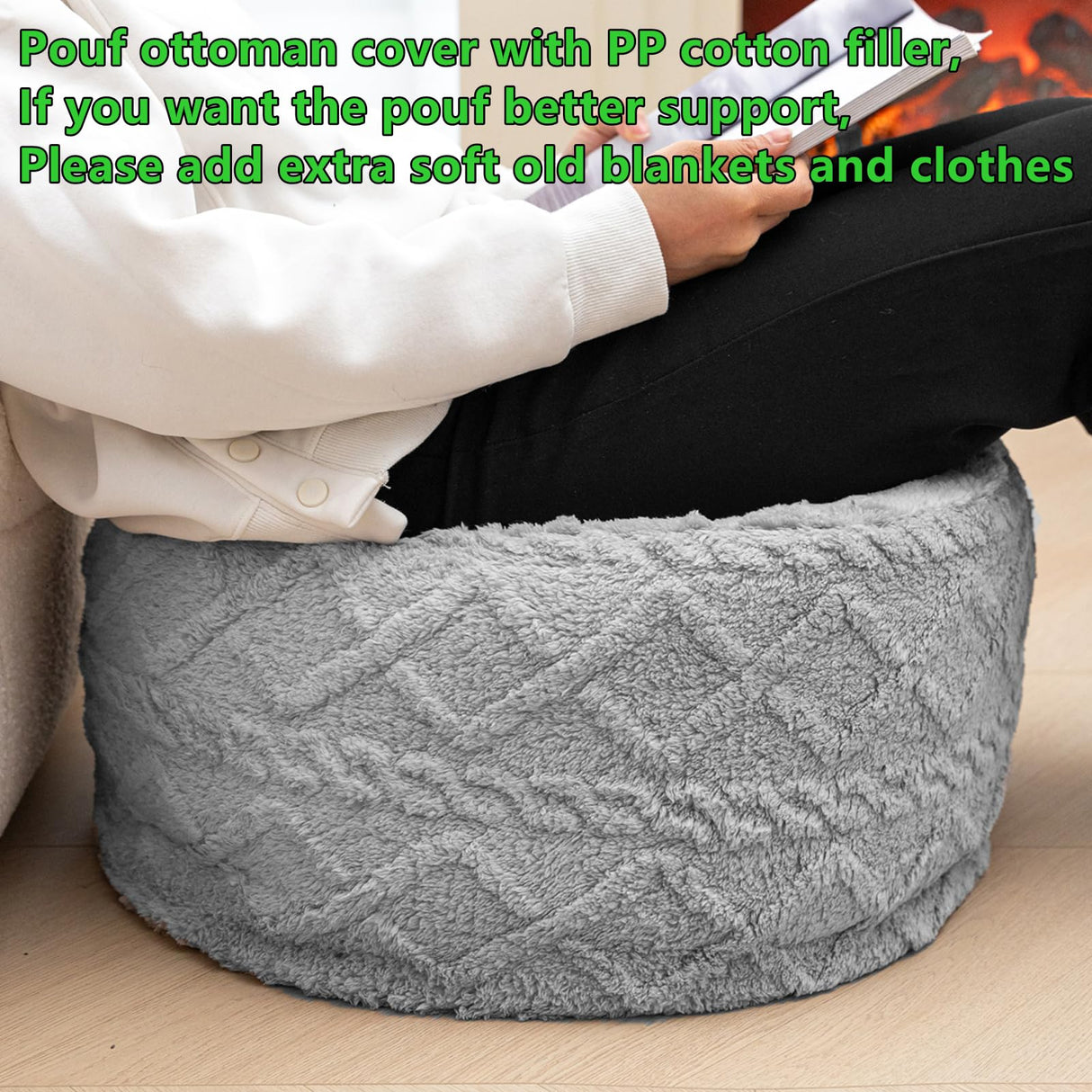 Beawelkomjo Pouf Ottoman Stuffed 20x20x12 Inches Floor Pouf Plush Fiber Ottoman Foot Rest Under Desk Foot Stool for Living Room Bedroom (Light Gray Pouf with Filler) Beawelkomjo