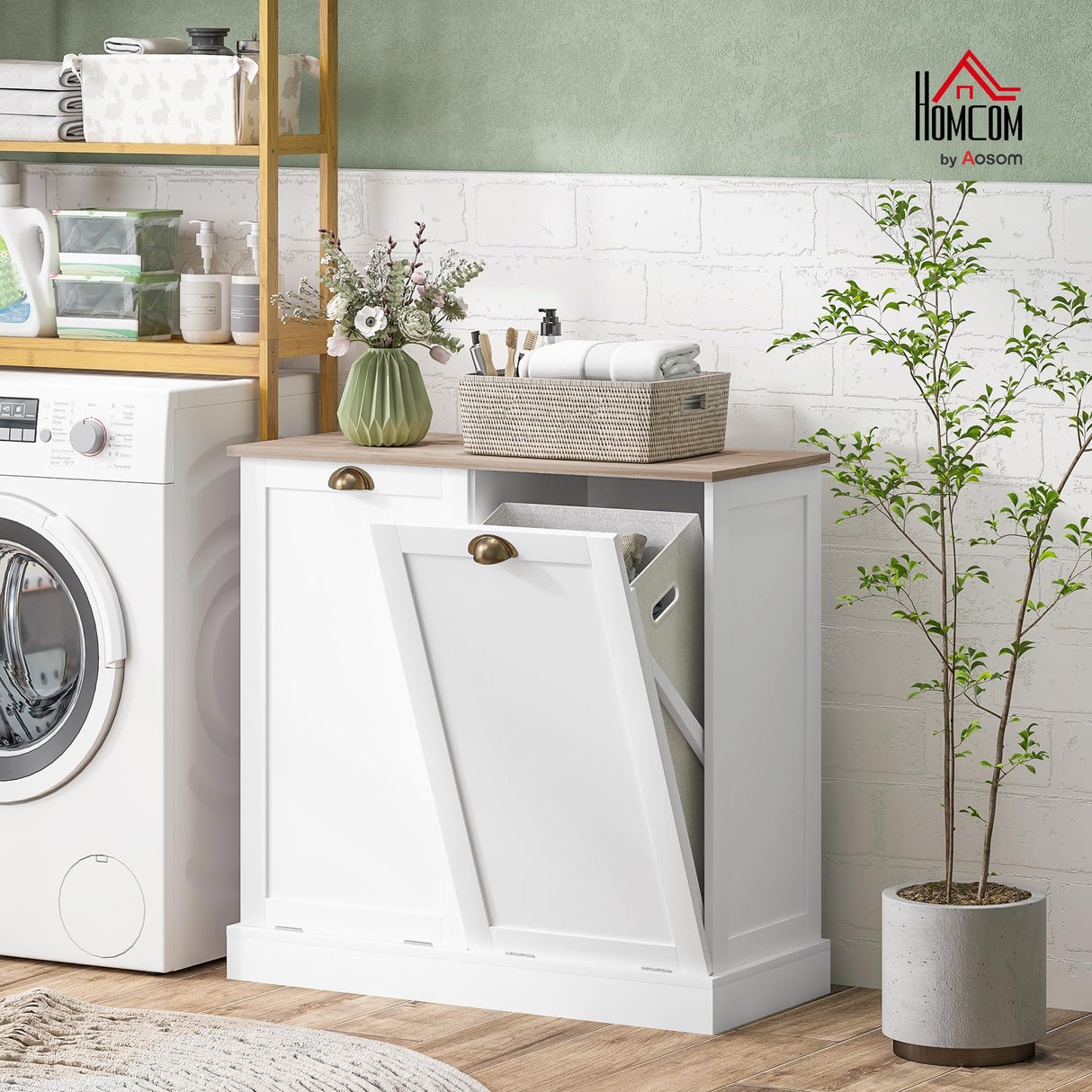 HOMCOM Double Tilt-Out Laundry Hamper Cabinet with 2 Removable Basket, Modern Bathroom Storage Cabinet with Shaker Doors and Handles, White HOMCOM