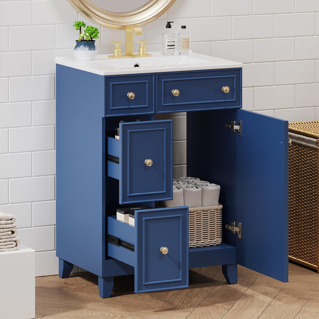 Harper & Bright Designs 24" Bathroom Vanity with Sink, Free Standing Single Basin Vanity Set with Two Drawers and One Door, Modern Solid Wood Bathroom Cabinet with Ceramic Basin for Bathroom, Blue Harper & Bright Designs