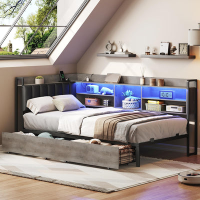 RALGEND Corner Bed Frame with Bookcase Storage and PU Upholstered, Twin Daybed with 2 Drawers and Charging Station, Metal Platform Bed Fram for Living Room, Bedroom, Guest Room, Gray and Black