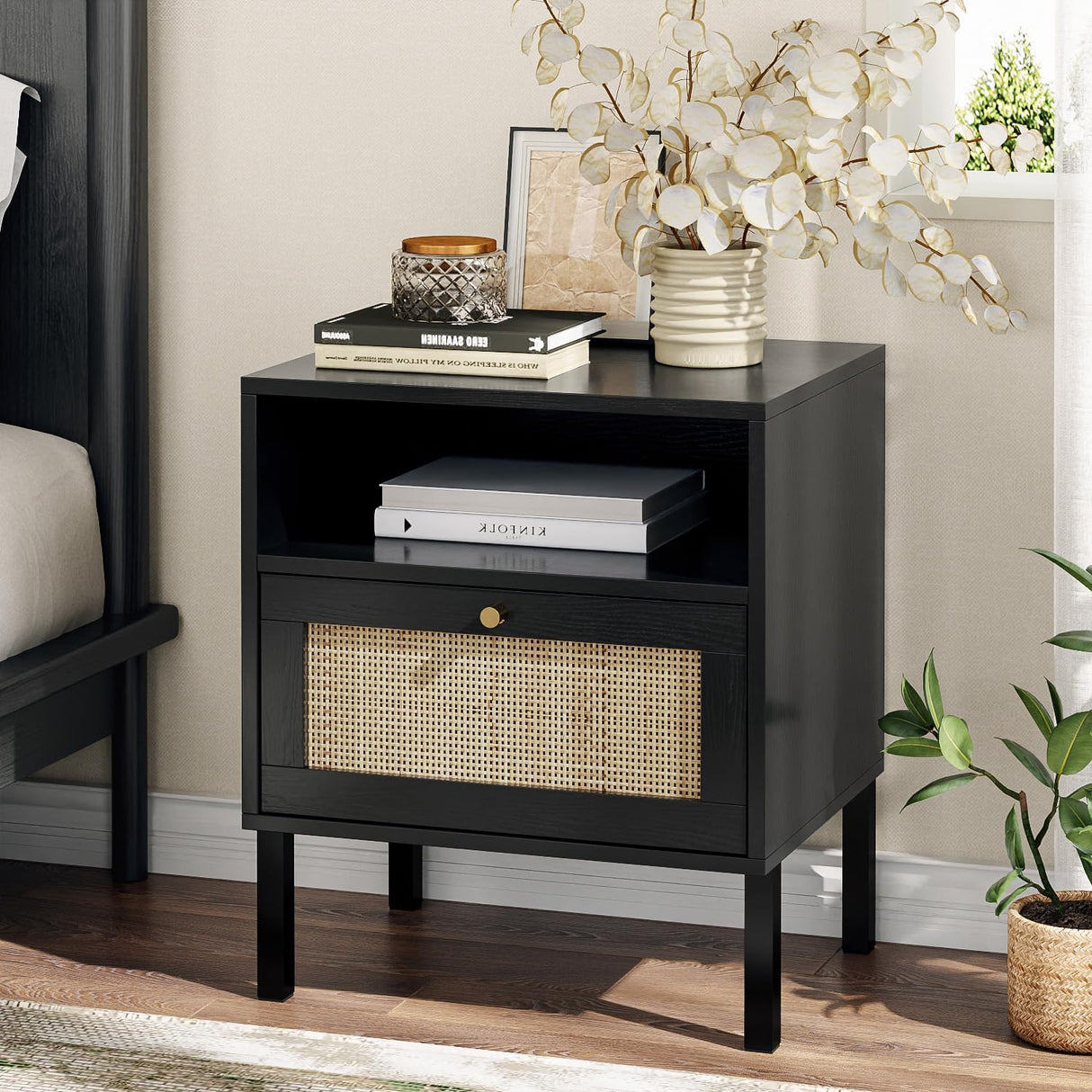 Angel Sar Rattan Night Stand Set 2, Boho Black Nightstands Set of 2, Bedside Table, End Table with Open Storage Space & Metal Legs, Bedroom Night Stand Wood Nightstand Angel Sar