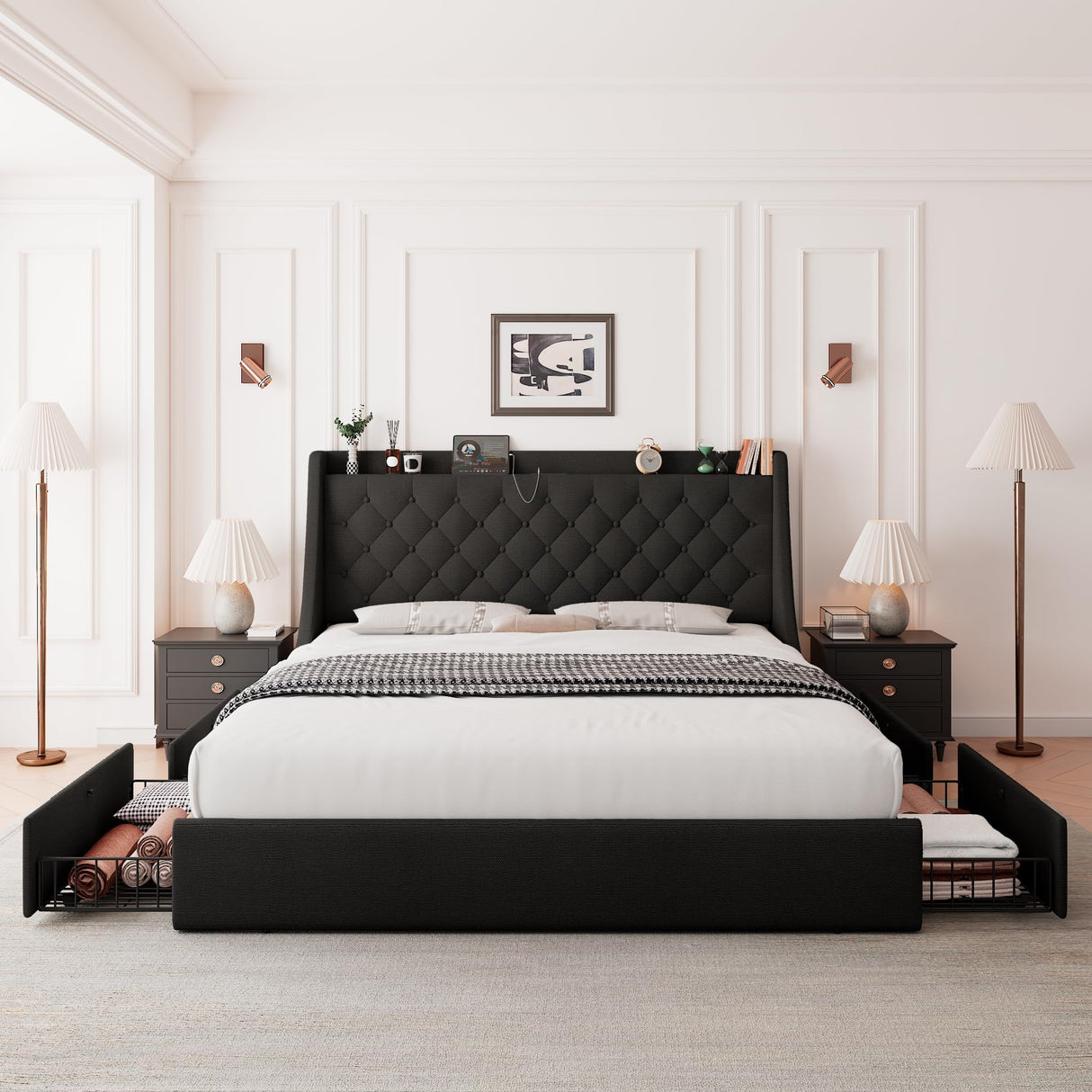 Feonase Upholstered King Size Bed Frame with 4 Storage Drawers, Large Wingback Headboard, No Box Spring Needed, Black Feonase