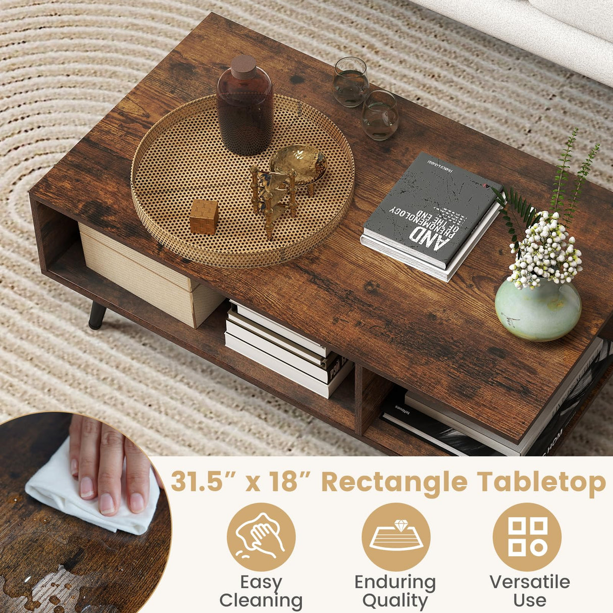 Giantex Coffee Table with Storage, Mid Century Modern Center Table for Living Room, Rectangle Tea Table with Open Storage Shelf & Floor-Anti-Scratching Tapered Metal Legs, Rustic Brown (Rustic Brown) Giantex