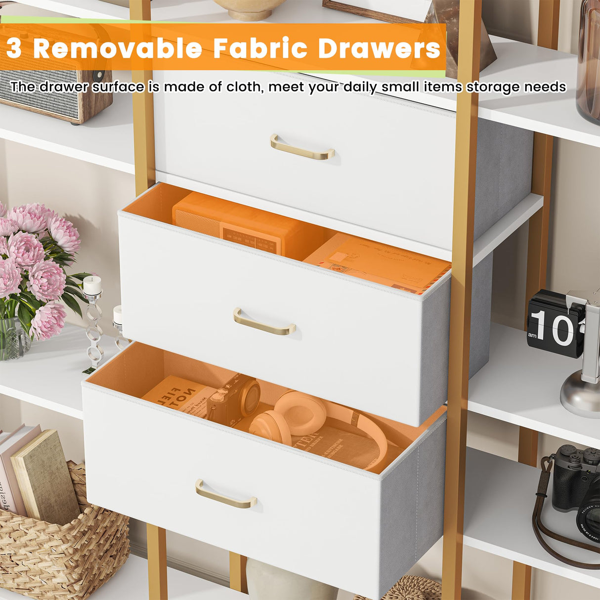 Semoic 83.5" Tall Arched Bookshelf, Triple Wide 6-Tier Large Open Book Shelf with 3 Drawers Storage, Etagere Bookcase with Display Shelf, Industrial Bookshelf with Metal Frame for Living Room, Gold Semoic